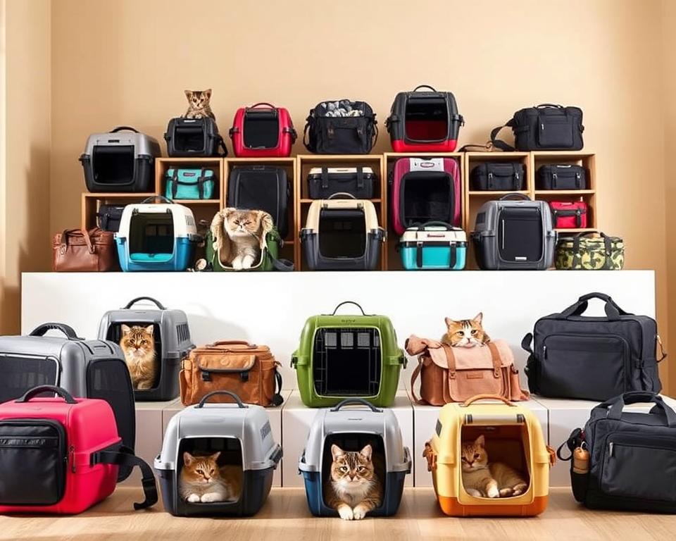 A vibrant display of various cat carriers showcased in a well-lit, airy room. The foreground features an assortment of stylish, durable carriers in a range of colors and designs, from sleek hard-sided cases to cozy soft-sided bags. The middle ground showcases the carriers from different angles, highlighting their unique features and functionality. The background subtly blends a warm, neutral-toned setting, drawing the focus to the diverse collection of carriers. The lighting is natural and diffused, creating a welcoming, inviting atmosphere that accentuates the high-quality materials and thoughtful craftsmanship of the products.