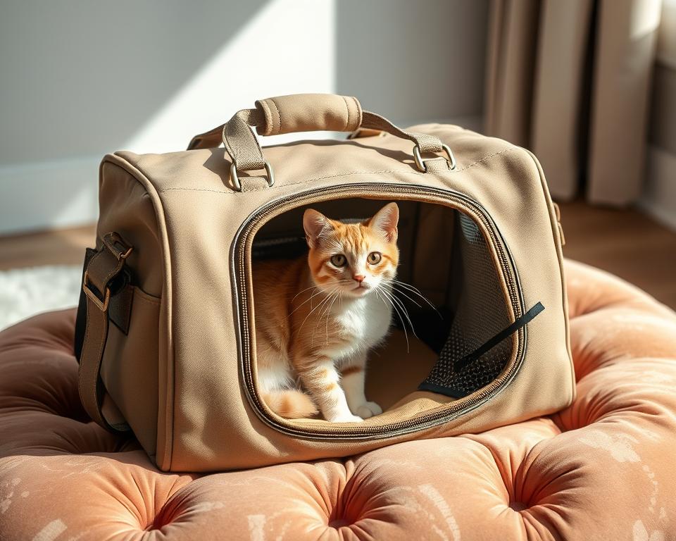 A well-designed and stylish cat carrier bag rests on a plush velvet cushion, its soft fabric exterior in a muted, earthy tone accentuated by sleek metal hardware. The bag's roomy interior is illuminated by natural light filtering through a mesh panel, offering a cozy, secure environment for a curious feline passenger. The overall composition captures a harmonious balance between form and function, showcasing the carrier's practical utility while maintaining an aesthetically pleasing, premium appearance that complements any discerning cat owner's lifestyle.