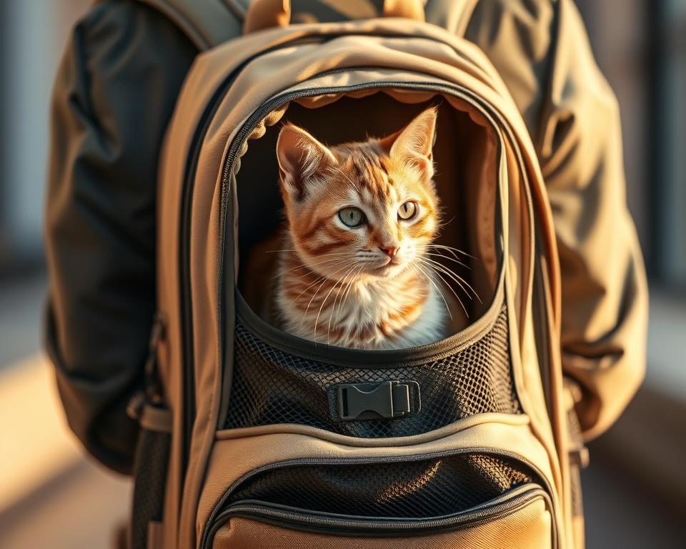 A well-designed cat backpack carrier in a modern, stylish design. The cat is comfortably nestled inside the mesh-paneled compartment, with padded shoulder straps and a sturdy frame for easy carrying. The backpack is made of high-quality, durable materials in a neutral, earthy tone that complements the feline passenger. Soft lighting from the side casts a warm glow, highlighting the cat's curious expression peering out from the carrier. The scene is captured from a slightly elevated angle, showcasing the backpack's versatile and practical features for a discerning UK market.