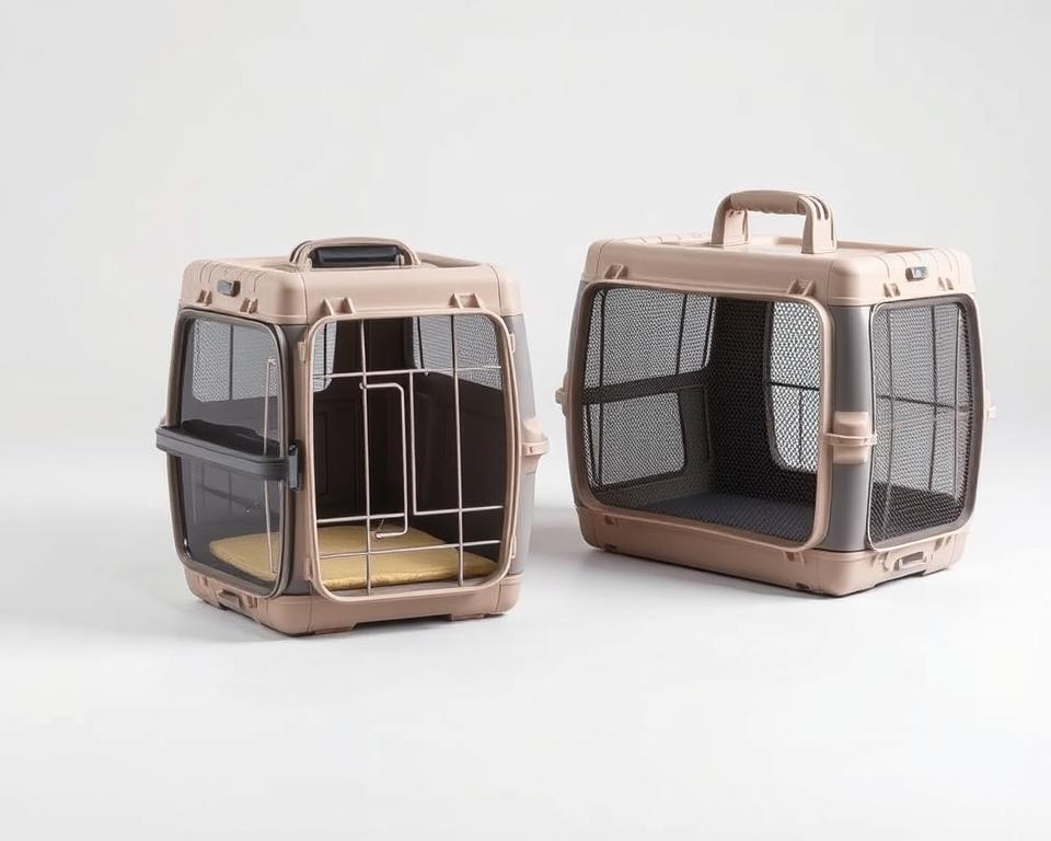 A well-designed cat carrier featuring a sturdy yet lightweight plastic frame, with a transparent front panel and mesh ventilation. The carrier is positioned in a soft-lit, minimal studio setting, showcasing its essential features from multiple angles. The front view highlights the easy-access door, secure latch, and comfortable interior padding. The side view reveals the spacious interior and breathable mesh panels. The top-down perspective emphasizes the sturdy handles and durable construction. The overall mood is one of practical functionality and high-quality design, suitable for transporting feline companions with care and comfort.