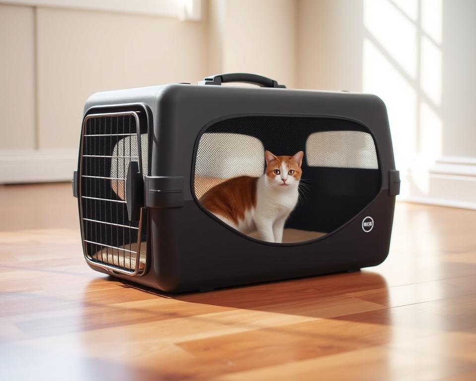A well-designed cat carrier resting on a hardwood floor, illuminated by soft, natural lighting filtering through a nearby window. The carrier is made of durable, high-quality materials, with a sturdy metal frame and a plush, padded interior to ensure your feline companion's comfort. The front panel features a mesh window, allowing for ventilation and visibility, while the top and sides are composed of a sleek, black or neutral-toned material. The carrier's shape is compact yet spacious, with ample room for your cat to move around. Subtle branding or logos may be present, conveying a sense of quality and reliability. The overall aesthetic is modern, practical, and tailored to the discerning pet owner.