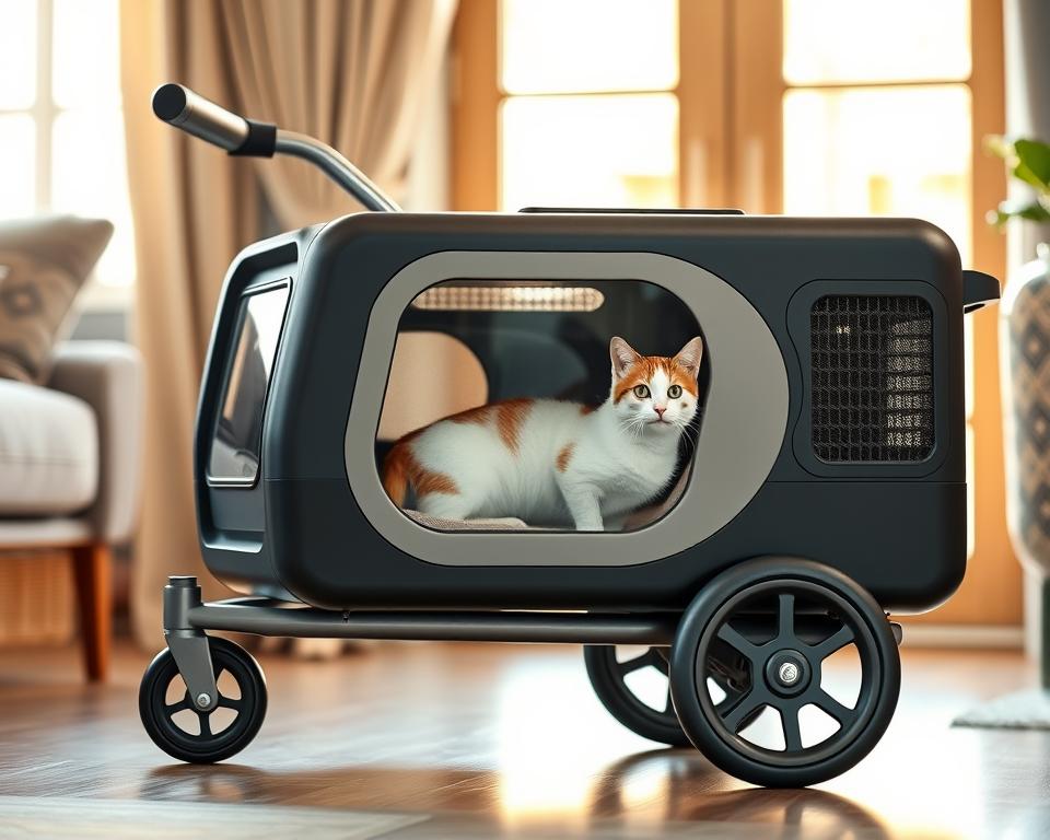 A well-designed cat transport trolley with sturdy construction and smooth-rolling wheels, lit by warm natural light from a large window. The trolley has a comfortable padded interior, secure enclosure, and ample ventilation to keep the feline passenger safe and content during travel. The sleek, minimalist design blends seamlessly with modern home decor, offering an aesthetic and functional solution for convenient pet transportation. The overall scene conveys a sense of care and consideration for the cat's comfort and the owner's needs, creating an impression of exceptional value and quality.