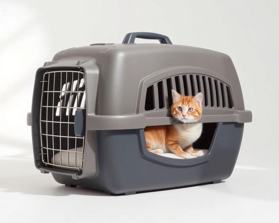 A well-designed, hard-sided cat carrier in a sleek, modern style. The carrier features a sturdy plastic shell with ventilated panels, a comfortable padded interior, and secure locking mechanisms. The carrier is positioned in a clean, minimal setting with soft, directional lighting creating depth and dimension. The overall scene conveys a sense of sophistication and confidence, suitable for transporting a beloved feline companion in style and safety.