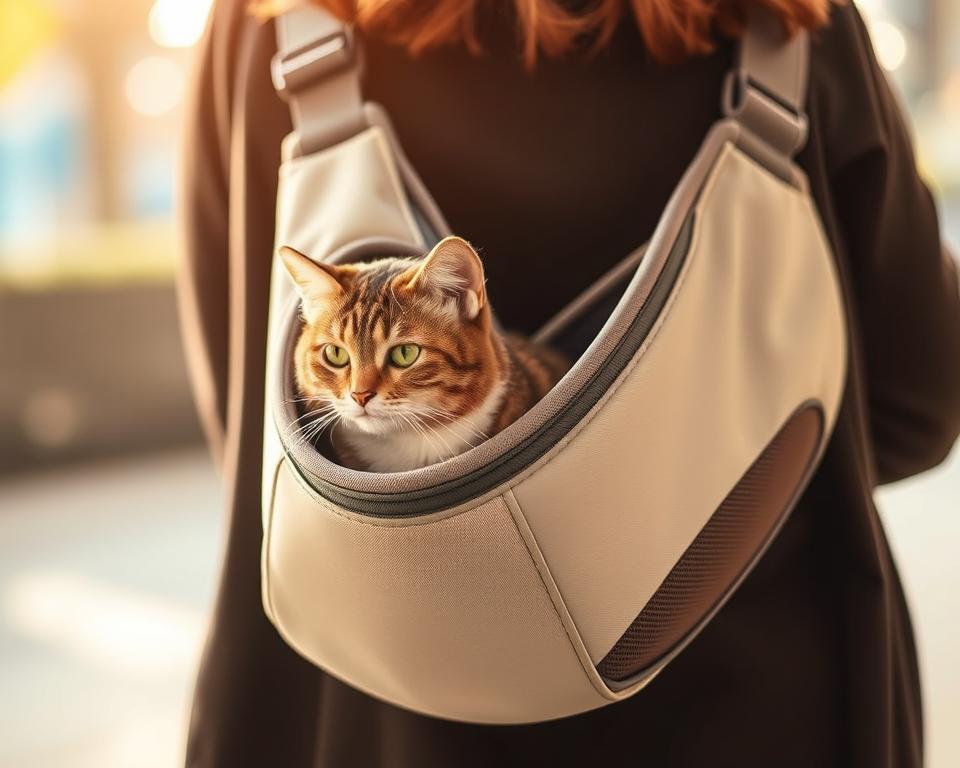 A well-designed sling cat carrier, its padded straps and adjustable mesh panels allowing for comfortable, hands-free transport. The carrier is suspended from the owner's shoulders, its sleek silhouette and neutral-toned exterior conveying a sense of modern, minimalist style. Soft lighting casts a warm glow, highlighting the premium materials and thoughtful construction details. The carrier's interior is spacious yet secure, with ample ventilation to keep the feline passenger calm and content during the journey. The overall scene exudes an atmosphere of convenience, care, and considerate design - essential qualities for an exceptional sling cat carrier.