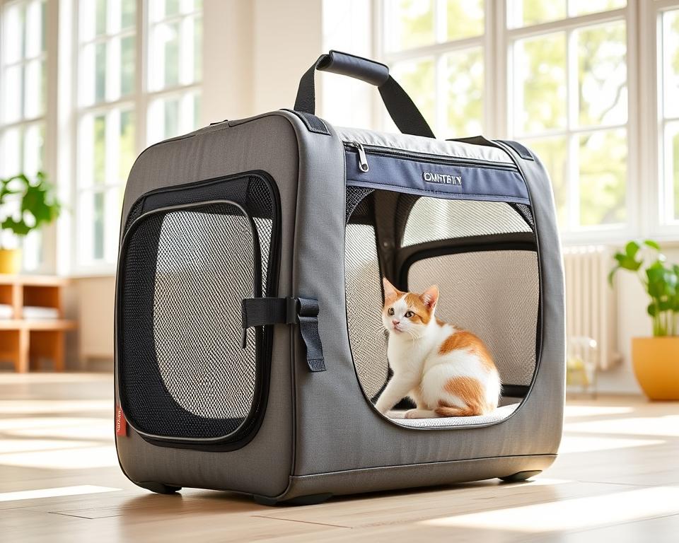 A well-designed, spacious cat carrier with a sturdy, lightweight frame and breathable mesh panels. The carrier is positioned in a bright, airy room with natural lighting filtering through large windows, creating a warm, inviting atmosphere. The carrier features multiple access points, a secure latch, and a comfortable padded interior to ensure a safe and comfortable journey for your feline companion. The overall design seamlessly blends functionality and aesthetic appeal, making it an essential accessory for the modern pet owner.