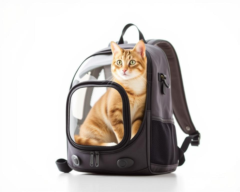 A well-designed, sturdy backpack carrier with a transparent front panel, allowing a curious feline to peer out while nestled comfortably inside. The carrier features adjustable straps, breathable mesh panels, and a padded interior for a cat's utmost comfort during travel. Set against a bright, airy backdrop, with soft, diffused lighting highlighting the carrier's sleek, modern design. The cat's expression is one of contentment and curiosity, as it surveys its surroundings from the safety and security of its specialized transport. The overall scene conveys the convenience and versatility of a backpack carrier for a pet owner on the go with their beloved companion.