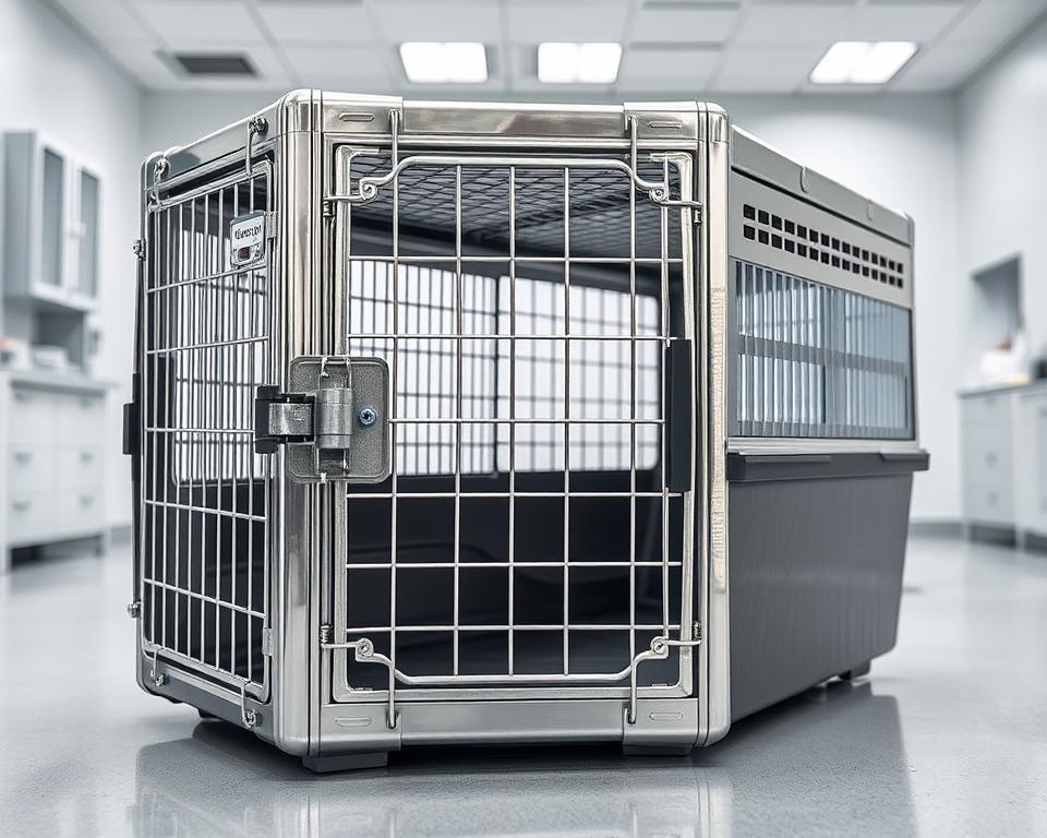 A well-lit, close-up photograph of a premium, heavy-duty big cat carrier made of sturdy steel and reinforced acrylic panels. The carrier features secure locking mechanisms, ventilation ports, and ergonomic handles for safe transportation. The foreground showcases the carrier's robust construction, with a focus on the secure latch system and air vents. The middle ground displays the carrier from multiple angles, highlighting its sleek, modern design. The background depicts a minimalist, clinical setting, such as a veterinary clinic or animal transport facility, to emphasize the carrier's suitability for professional use.