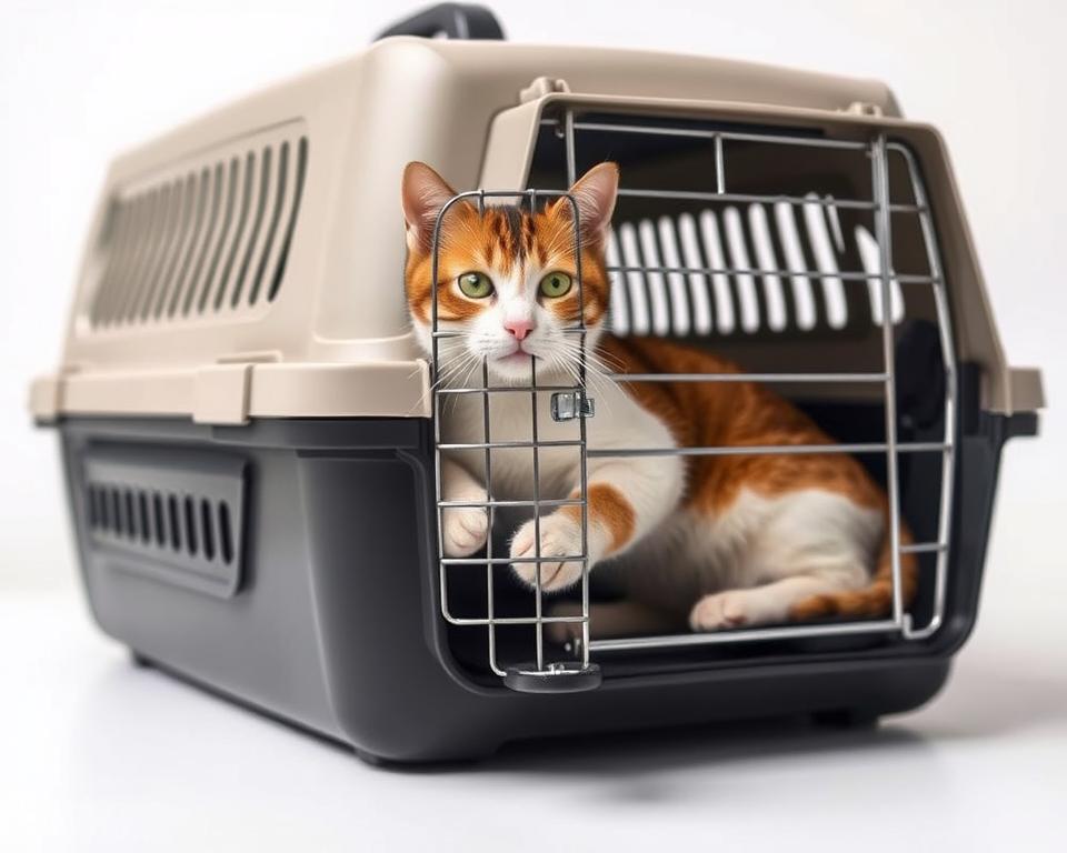 A well-lit, close-up view of a high-quality cat carrier, showcasing its essential features. The carrier is positioned in the foreground, with a clean, neutral background that allows the details to stand out. The image is captured with a sharp, crisp lens, providing a clear and detailed representation of the carrier's construction, materials, and design elements. The carrier is shown from multiple angles, highlighting its durability, ventilation, accessibility, and other key features that make it a reliable and convenient choice for transporting felines. The overall mood is one of professionalism and practicality, conveying the image's purpose as an informative illustration for the article.