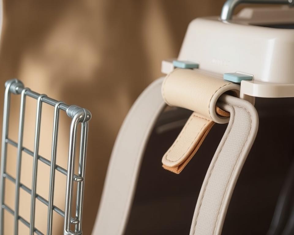 A well-lit, close-up view of various durable materials commonly used in the construction of high-quality cat carriers. In the foreground, a sturdy metal wire frame, its joints reinforced with heavy-duty rivets. Behind it, a section of water-resistant, tear-proof nylon fabric in a neutral tone. In the middle ground, a thick, padded carrying handle made of supple, scratch-resistant leather. In the background, a shot of a tough, scratch-resistant plastic shell, its surface textured to provide a secure grip. The lighting is soft and even, highlighting the quality and durability of the materials. The overall atmosphere conveys a sense of practicality and reliability, suitable for an article on choosing the perfect cat carrier.