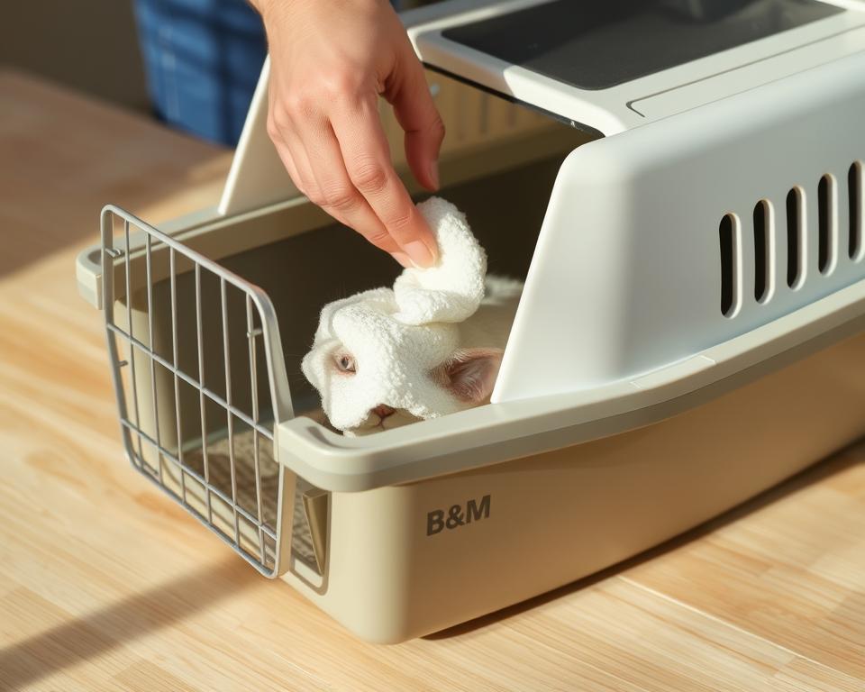 A well-lit, closeup photograph of a person cleaning a B&M-branded cat carrier. The carrier is placed on a clean, wooden surface, with the lid open, revealing the interior. The person is using a soft cloth or sponge to gently wipe down the interior, removing any dirt, hair, or debris. Soft, diffused lighting from the side creates shadows and highlights the texture of the carrier's materials. The scene conveys a sense of care and attention to detail in maintaining the carrier for the cat's comfort and hygiene.