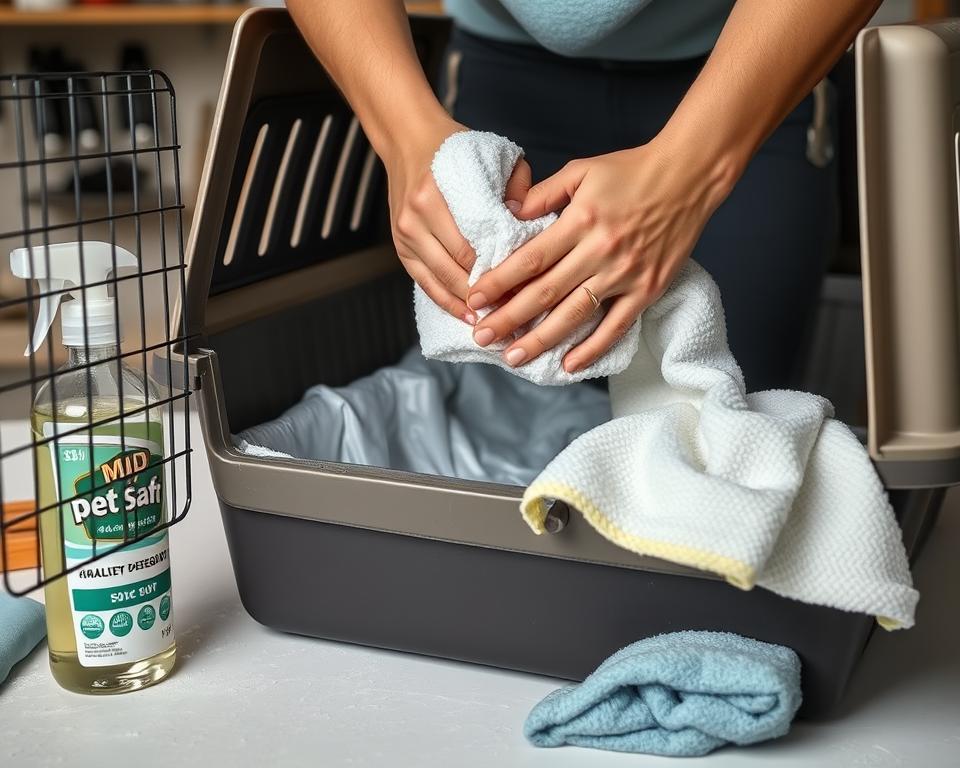 A well-lit, detailed close-up of a person thoroughly cleaning a large, sturdy cat carrier. The carrier is resting on a clean, organized workbench with various cleaning supplies nearby, including a mild pet-safe detergent, a soft brush, and a fresh microfiber cloth. The carrier's interior and exterior are being meticulously scrubbed, with special attention paid to the corners and crevices. The person's face is not visible, but their hands demonstrate the careful, methodical movements of someone experienced in maintaining pet equipment. The scene conveys a sense of diligence and concern for the cat's comfort and hygiene.