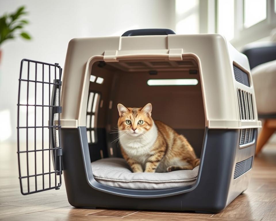 A well-lit, detailed image of a stylish and functional cat travel crate in the foreground. The crate is made of durable plastic with mesh panels, providing ample ventilation and visibility. The crate has a comfortable interior cushion and a secure top-loading door. In the middle ground, a cozy cat sits calmly inside the crate, looking content and relaxed. The background features a clean, minimalist setting, with soft, natural lighting filtering through a window, creating a peaceful and inviting atmosphere.
