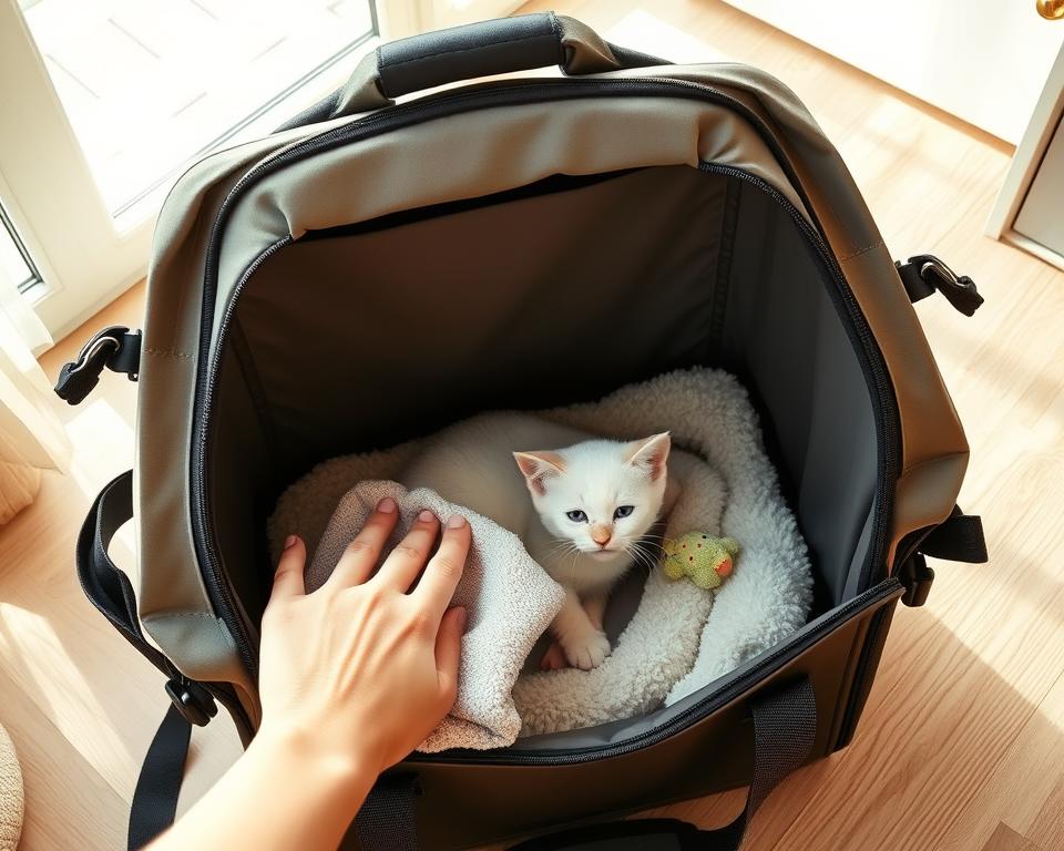 A well-lit, high-angle photograph of a sturdy, large cat travel carrier in a bright, airy home environment. The carrier is open, revealing the soft, plush interior with a cozy bed and toys. A person's hands are gently wiping down the exterior with a microfiber cloth, highlighting the durable construction and attention to detail in maintaining the carrier. The scene conveys a sense of care and preparation for a feline's comfortable journey. Warm, natural lighting casts a gentle glow, and the composition emphasizes the carrier's practical yet stylish design.