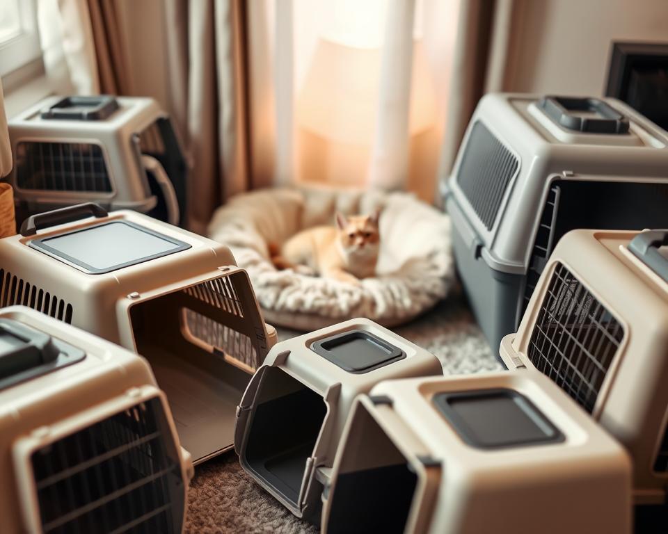 A well-lit, high-angle photograph of several airline-approved cat carriers in a cozy, domestic setting. In the foreground, a variety of carriers in neutral, muted colors - some with mesh panels, others with hard plastic shells. The carriers are arranged neatly, showcasing their compact size and practical design. In the middle ground, a plush cat bed or blanket provides a comfortable backdrop. The background features soft, warm lighting, perhaps from a window or lamp, creating a soothing, inviting atmosphere. The overall scene conveys a sense of safety, comfort, and ease of travel for both the cat and its owner.