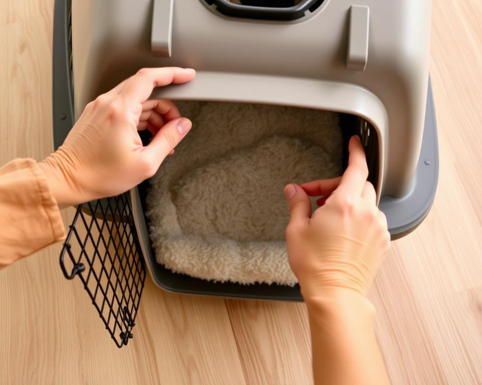 A well-lit, high-angle shot of a top-opening cat carrier on a clean, wooden surface. The carrier's door is open, revealing the interior with soft, plush bedding. A cat owner's hands are gently inspecting the carrier's latch mechanism and ventilation holes, checking for any signs of wear or damage. The image conveys a sense of attentive care and maintenance, with a focus on the details that ensure the carrier's continued safe and comfortable use.