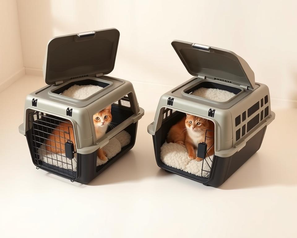 A well-lit, high-angle studio shot of two top-opening cat carriers in a neutral-toned room. The carriers are made of sturdy plastic with mesh panels, designed for easy access and secure transport of multiple felines. Soft, plush bedding fills the interiors, creating a cozy, comfortable space. The carriers are positioned side-by-side, showcasing their functional features - the top-loading design, the multiple ventilation points, and the durable, easy-to-clean construction. Warm, diffused lighting highlights the carriers' modern, minimalist aesthetic, conveying a sense of utility and practicality for the multi-cat household.
