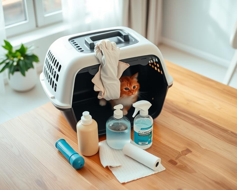 A well-lit, high-angle view of a wooden table, showcasing the detailed maintenance of a modern, sleek cat carrier. In the foreground, a pair of gloved hands carefully wipe down the carrier's interior with a damp cloth, removing any accumulated dirt or fur. In the middle ground, an array of cleaning supplies - a mild pet-safe solution, a soft brush, and a lint roller - are neatly arranged, ready for use. The background features a bright, airy space with natural lighting filtering through a window, creating a serene and hygienic atmosphere for this essential cat carrier upkeep.