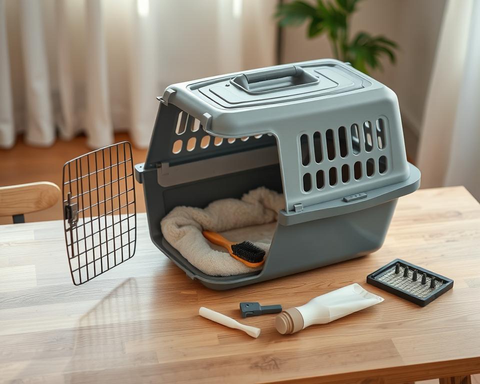 A well-lit, high-angle view of a wooden table with a gray cat carrier positioned in the center. The carrier is open, revealing the interior with a plush bedding and accessories like a brush and cleaning supplies. A soft, neutral color palette with hints of natural light filtering through a window in the background, creating a calming, documentary-style atmosphere. The focus is on the maintenance process, with a sense of care and attention to detail. The image conveys the importance of proper upkeep for a cat's travel companion.