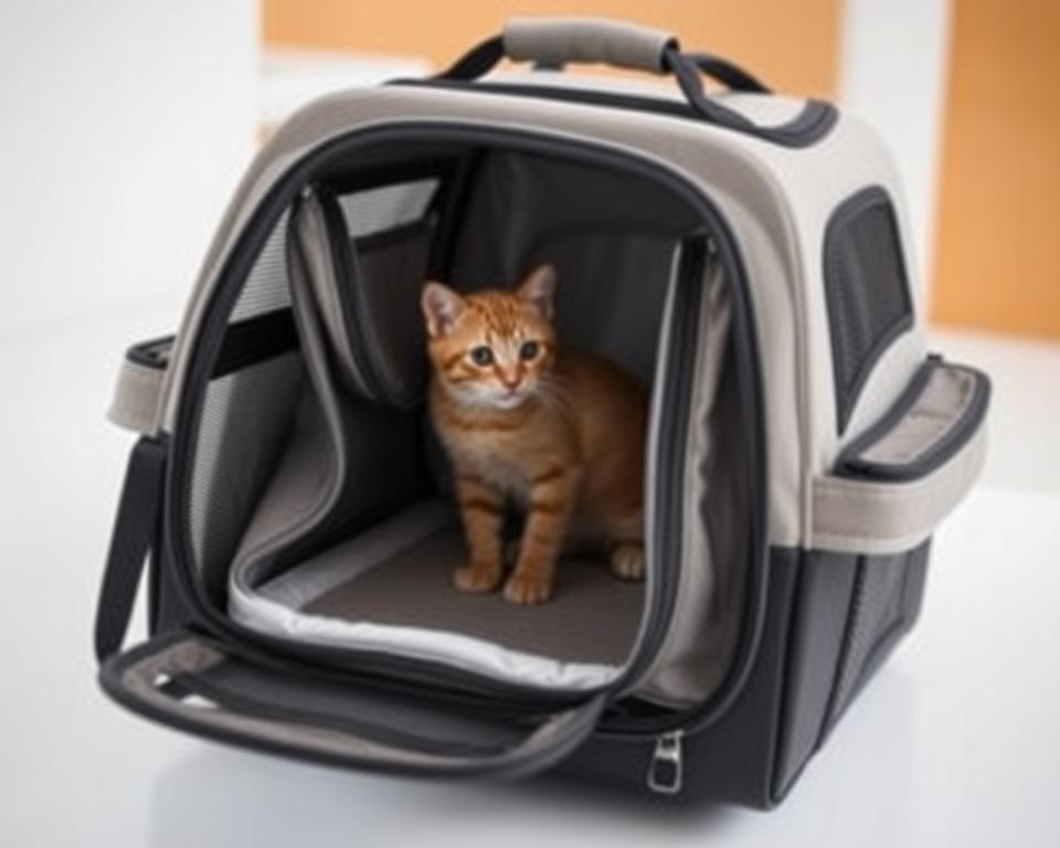 A well-lit, high-angle view of an open, ergonomic cat carrier showcasing its accessible entry points. The carrier's front panel is partially unzipped, revealing a comfortable, cushioned interior with ample ventilation. The carrier's sides feature mesh panels, allowing for easy visibility and airflow. The carrier's handles and attachment points are prominently displayed, highlighting its portability and versatility. The scene conveys a sense of convenience, comfort, and thoughtful design, perfectly suited for a pet owner's ease of use.