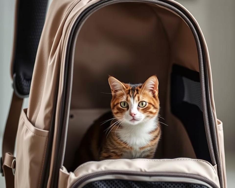 A well-lit, high-quality photograph of a stylish, breathable cat carrier backpack. The backpack has a transparent mesh panel on the front, allowing the cat to peek out comfortably. The carrier is made of durable, lightweight nylon material in a neutral tone. It features padded, adjustable shoulder straps for comfortable, hands-free carrying. The interior is spacious yet cozy, with a soft, plush lining. The backpack has ventilation holes on the sides and a sturdy, reinforced frame to provide a safe and secure environment for the cat during travel. The image is captured at a slightly elevated angle, showcasing the carrier's sleek, modern design and the cat's contented expression.
