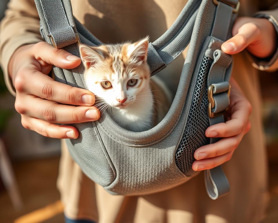 A well-lit, high-resolution close-up photograph of a person's hands customizing a gray fabric sling cat carrier. The person is gently adjusting the adjustable straps, buckles, and padding to ensure a comfortable and secure fit for their feline companion. The sling is positioned at an angle, showcasing the practical design elements such as the breathable mesh panels and reinforced structure. The image has a warm, inviting tone, with soft, natural lighting highlighting the textures and details of the carrier. The background is blurred, keeping the focus on the customization process.