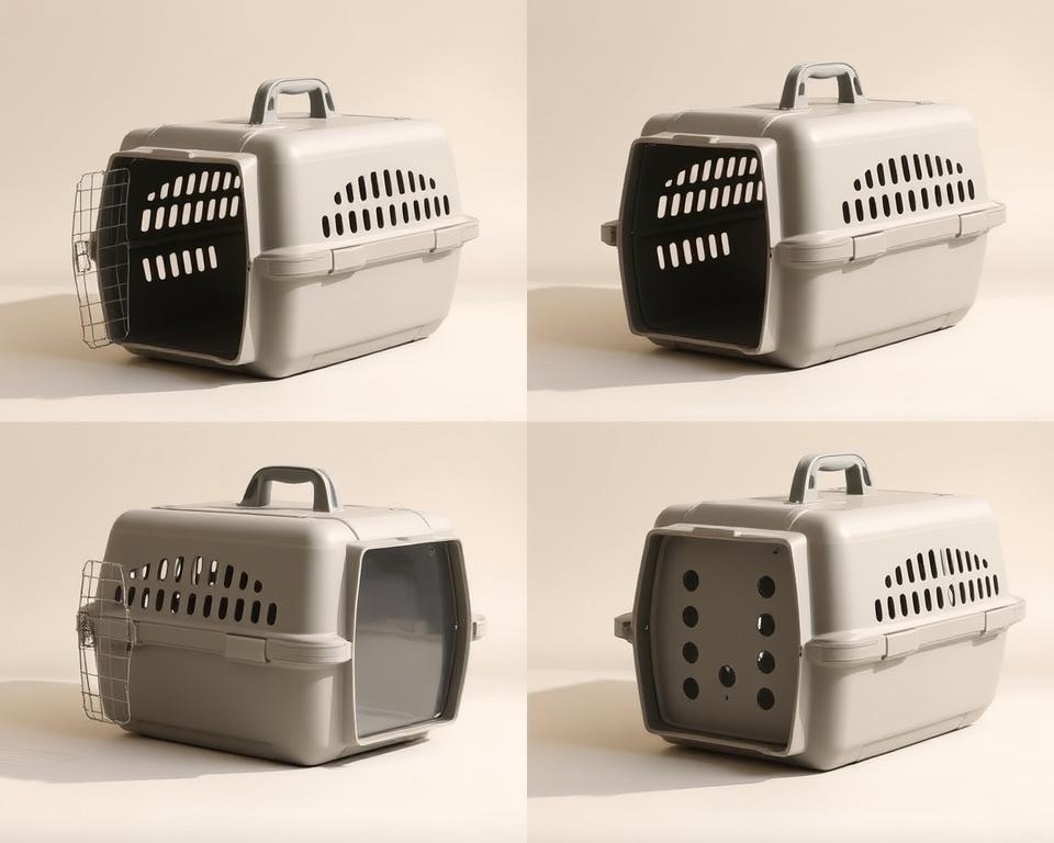 A well-lit, high-resolution photograph of a sturdy cat carrier from Argos, shown in a neutral color like grey or beige. The carrier is displayed from multiple angles, highlighting its key features - a durable plastic shell, secure top-loading door, comfortable interior padding, and ventilation holes for airflow. The carrier is placed on a plain background, allowing the details to stand out. The lighting is soft and natural, creating a warm, inviting atmosphere. The overall composition emphasizes the carrier's practicality and suitability for transporting felines comfortably and safely.