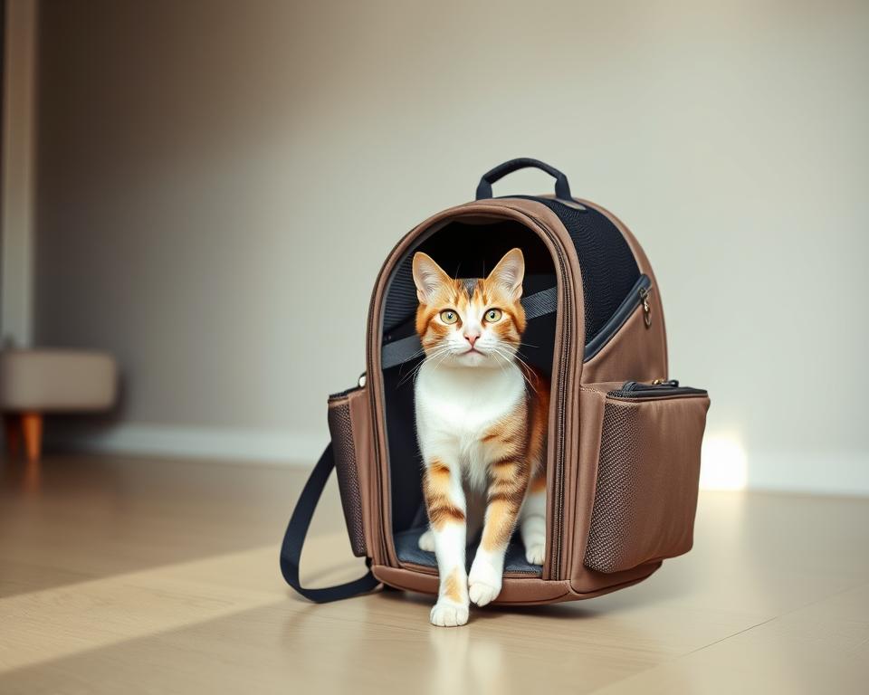 A well-lit, high-resolution photograph of a stylish cat carrier backpack with a cat safely secured inside, shot from a slightly elevated angle. The backpack has sturdy straps, mesh ventilation panels, and reinforced side pockets. The cat is alert and comfortable, with a calm, content expression. The background is a clean, uncluttered indoor space with muted colors, emphasizing the backpack's design and the cat's safety. Subtle hints of soft lighting create a soothing, reassuring atmosphere, reflecting the essential safety practices of using a cat carrier backpack.