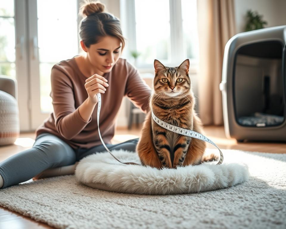 A well-lit home interior scene, with a person sitting on the floor, gently measuring their cat while it sits calmly on a soft, plush surface. The cat has a serene, relaxed expression as the person uses a flexible tape measure to take the cat's measurements, carefully recording the data. The room is bright and airy, with natural light filtering in through large windows, creating a cozy and inviting atmosphere. The person's face is focused and attentive, ensuring a precise measurement for the perfect-fitting cat carrier. The overall mood is one of care, attention to detail, and a desire to provide the cat with a comfortable and secure travel experience.