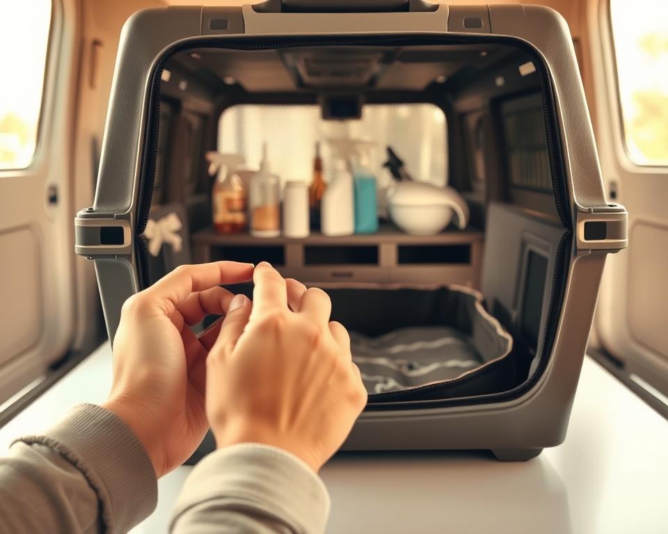 A well-lit interior scene of a cat carrier undergoing maintenance. In the foreground, a person's hands are carefully inspecting the carrier, checking the zippers, clasps, and padding for any signs of wear or damage. The carrier is positioned on a clean, flat surface, allowing for easy access. In the middle ground, various cleaning supplies and tools are neatly arranged, suggesting a methodical approach to the task. The background is softly blurred, creating a sense of focus on the carrier itself. The lighting is warm and natural, casting a gentle glow on the scene, conveying a sense of care and attention to detail. The overall atmosphere is one of diligence and attention to the well-being of the feline companion.