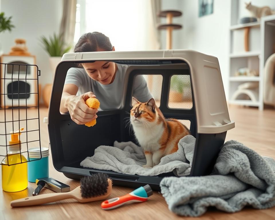 A well-lit interior scene of a cat owner thoroughly cleaning a feline carrier. In the foreground, the owner is scrubbing the carrier's interior with a sponge and natural cleaning solution, their focused expression conveying a sense of diligent care. Surrounding the carrier, an array of grooming tools and supplies are neatly arranged, including a brush, lint roller, and a fresh towel. The middle ground features the carrier itself, its mesh and plastic surfaces gleaming with cleanliness. In the background, a tidy home environment sets the scene, perhaps with a cat tree or other pet-friendly furnishings visible, emphasizing the importance of maintaining a comfortable, hygienic space for the feline companion.