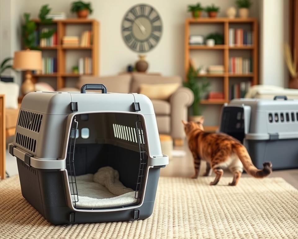 A well-lit, inviting scene of large cat carriers in a cozy home setting. In the foreground, a sturdy, spacious carrier with plush interior and ventilation panels sits atop a woven rug. In the middle ground, a tabby cat cautiously investigates the open carrier, its tail curled in curiosity. The background features a warm, softly-lit living room with bookshelves and potted plants, creating a calming atmosphere to help the feline resident acclimate to their new travel companion.