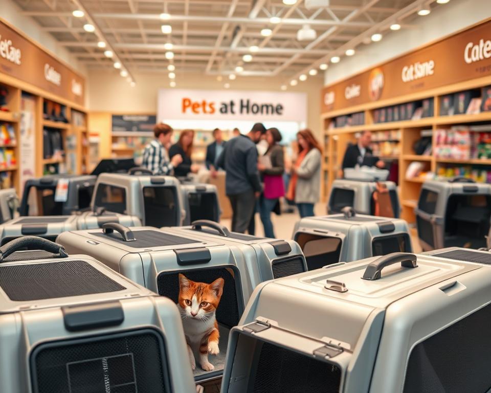 A well-lit, modern pet store interior with a large display showcasing an assortment of high-quality cat carriers. The carriers are prominently featured in the foreground, showcasing their sleek designs, durable materials, and practical features like mesh windows, padded interiors, and secure clasps. In the middle ground, customers examine the carriers, testing their comfort and convenience. The background depicts the warm, welcoming ambiance of the Pets at Home store, with subtle branding elements and shelves stocked with other pet supplies. The lighting is soft and natural, highlighting the carriers' details and creating an inviting atmosphere for potential buyers.