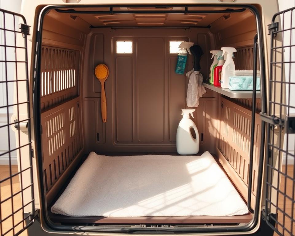 A well-lit, spacious interior of a cat carrier, showcasing its ease of cleaning. The carrier has a sturdy metal frame with a clear plastic door, allowing visibility and ventilation. The floor is covered in a removable, washable pad. Brushes, wipes, and other cleaning supplies are neatly organized on a shelf, indicating the carrier's low-maintenance design. Warm, natural lighting casts a soft glow, creating a calming atmosphere. The carrier is positioned in a tidy, modern setting, emphasizing its versatility and suitability for large feline companions.