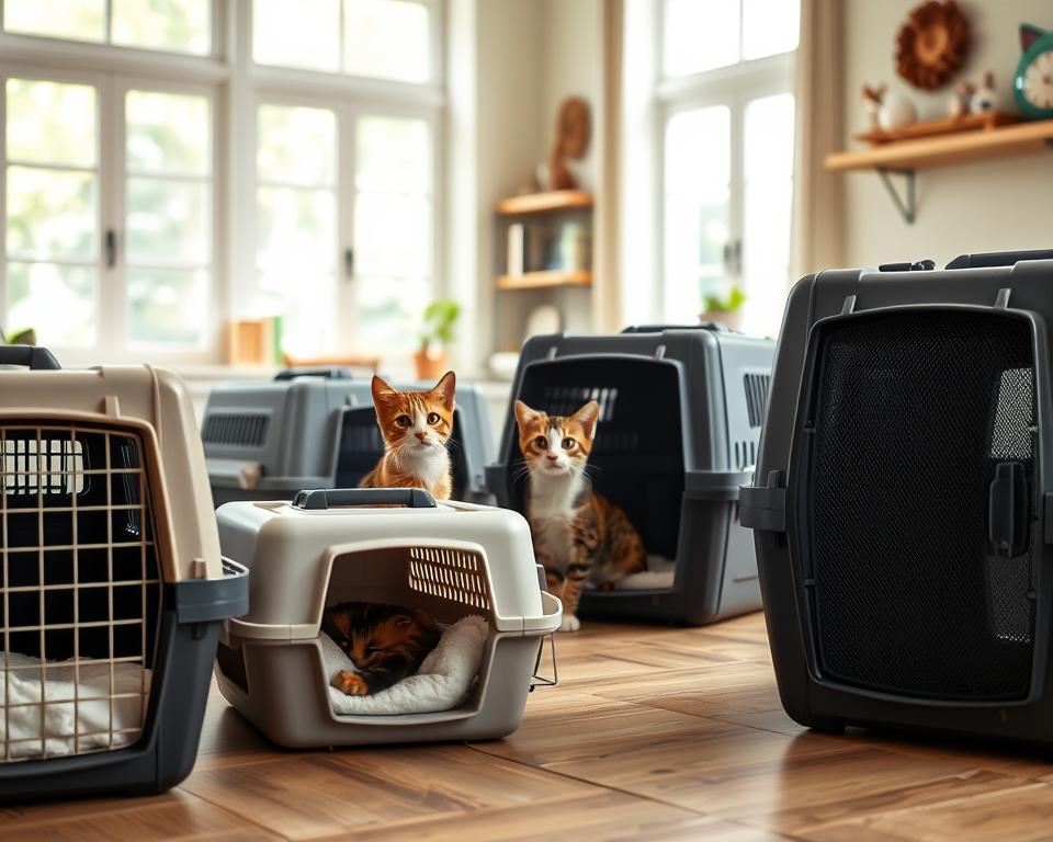 A well-lit, spacious room with soft, natural lighting filtering in through large windows. In the foreground, multiple cat carriers of various sizes and designs are arranged in a cohesive display. The carriers are made of sturdy materials like hard plastic or breathable mesh, featuring comfortable bedding, secure latches, and ventilation panels. In the middle ground, two curious felines peer out from their respective carriers, their eyes shining with inquisitive expressions. The background showcases a cozy, domestic setting, with subtle hints of cat-themed decor and accessories, conveying a welcoming, pet-friendly atmosphere. The overall scene exudes a sense of functionality, comfort, and the harmonious coexistence of multiple cats within a household.