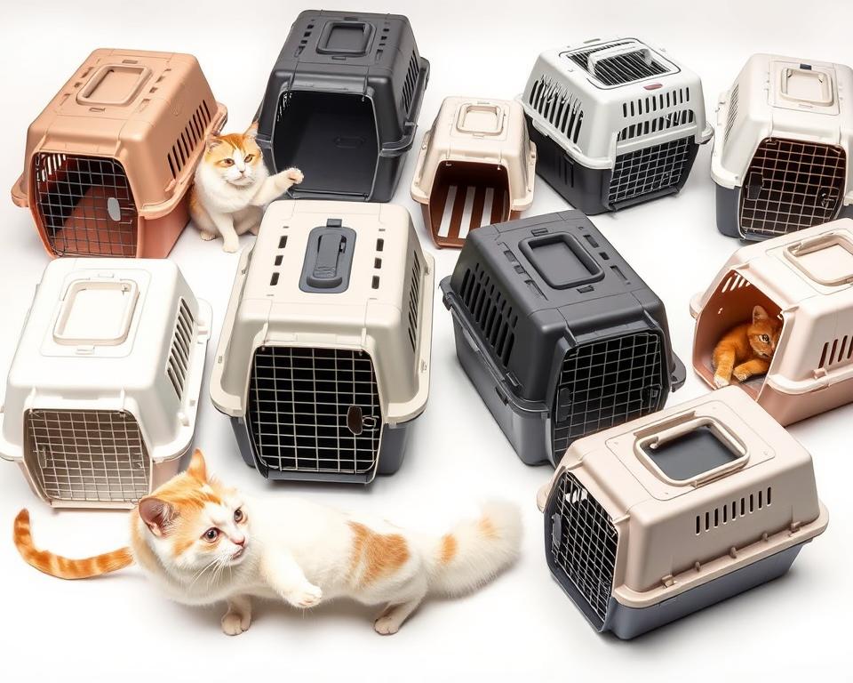 A well-lit studio photograph of a variety of cat carriers available in the UK market, showcasing their diverse designs and features. The carriers are arranged on a clean white backdrop, allowing the details and textures to stand out. The image captures the front, side, and top views of the carriers, highlighting their construction, materials, and unique characteristics. The lighting is soft and even, creating a professional, high-quality appearance suitable for an informative article.