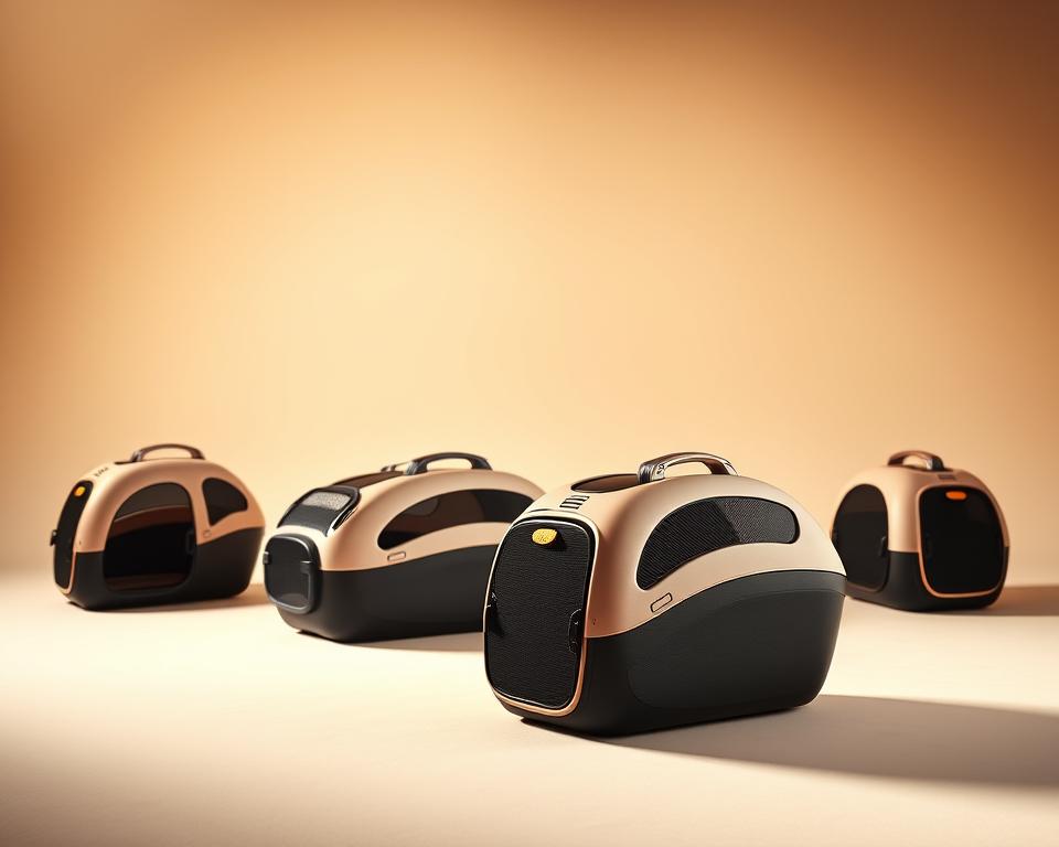 A well-lit studio photography of the top UK cat carrier brands, showcasing the finest designs and materials. A clean, minimalist arrangement in the foreground, with the carriers placed on a soft, neutral background. Warm, diffused lighting from the side highlights the sleek shapes and luxurious textures of the carriers, inviting the viewer to closely examine their premium quality. The composition emphasizes the carriers' elegance and functionality, conveying a sense of sophistication and care for feline comfort. Depth of field creates a sense of focus on the central products, while the background remains subtly blurred, directing attention to the star of the scene.