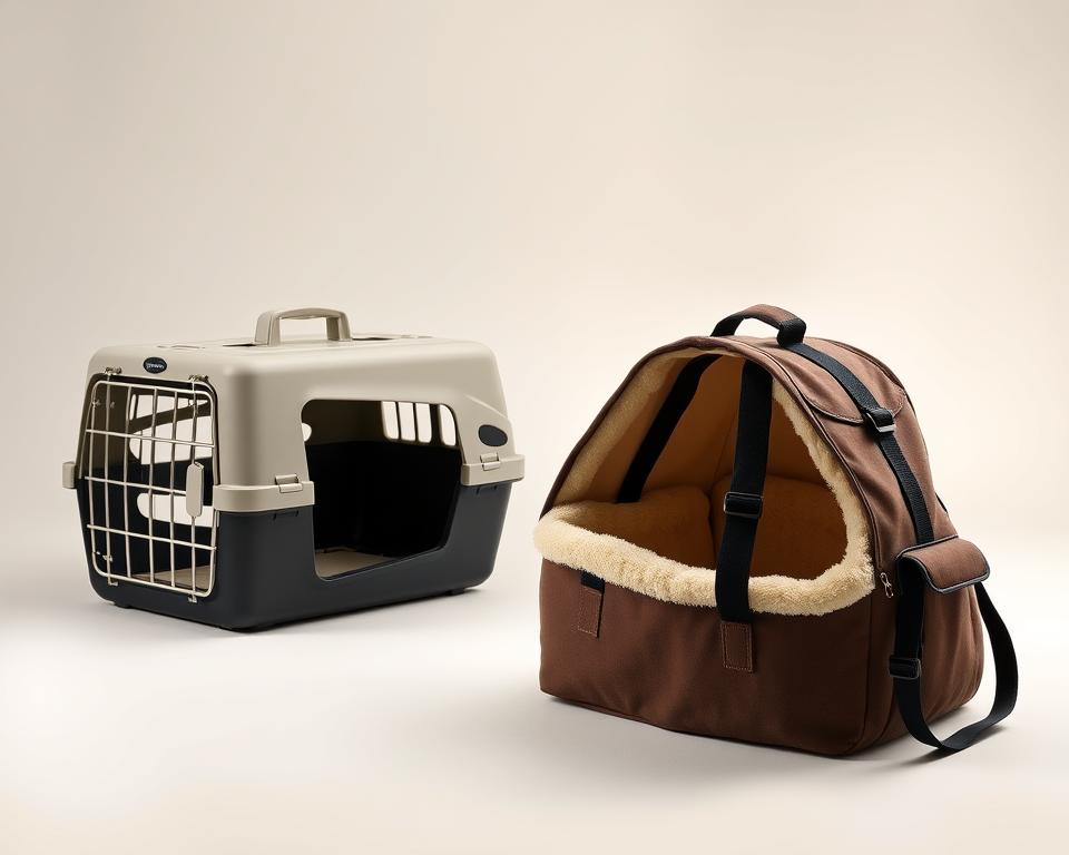 A well-lit studio scene showcasing two cat sack carriers side-by-side for comparison. The first carrier is a traditional hard-sided crate with a sturdy plastic shell and metal bars. The second carrier is a modern, softshell sack with a plush interior and adjustable straps. The carriers are positioned on a clean, neutral-colored backdrop, allowing the details of each design to be clearly visible. Soft, directional lighting highlights the textures and materials, creating a sense of depth and dimension. The overall mood is one of informative product comparison, inviting the viewer to assess the relative merits of each carrier option for feline comfort and convenience.