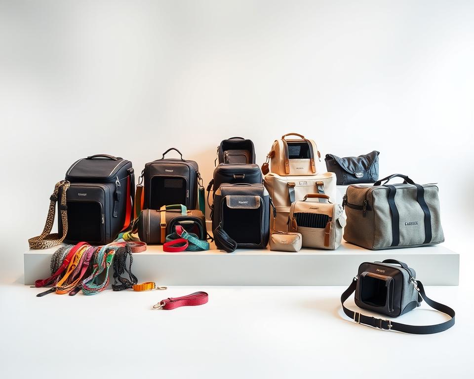 A well-lit studio setting with a neatly arranged assortment of cat carrier accessories on a sleek, minimalist display. In the foreground, a selection of colorful leashes, collars, and harnesses in various patterns and textures. In the middle ground, an array of stylish cat carriers and travel bags in neutral tones with subtle branding. The background features a clean, white backdrop, accentuating the high-quality materials and thoughtful design of the products. The overall mood is one of refined sophistication, showcasing the premium offerings available for discerning pet owners at B&M.
