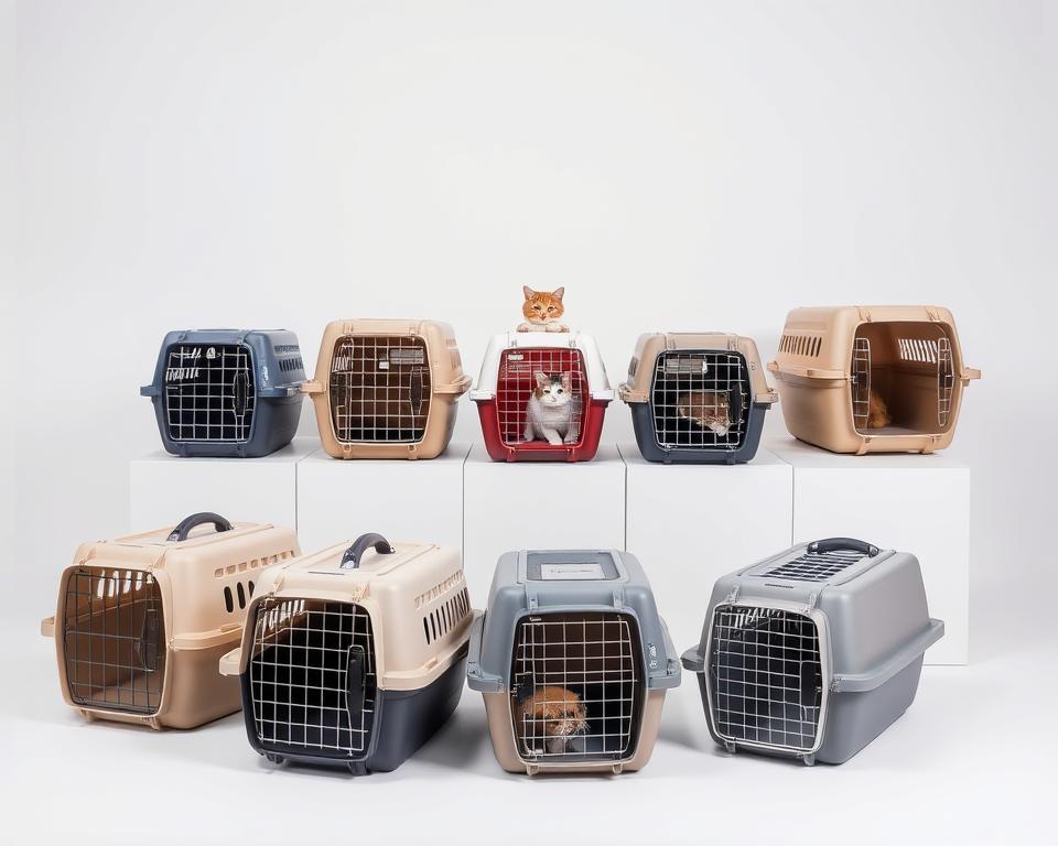 A well-lit studio shot of an array of top-opening cat carriers in various styles and colors, showcased against a clean, minimalist background. The carriers are positioned at different angles, allowing a clear view of their front-facing openings and sturdy, secure constructions. The lighting accentuates the materials, such as durable plastic, mesh panels, and padded interiors, conveying a sense of safety and comfort for feline passengers. The composition highlights the diversity of designs available, from basic crates to sleek, modern carriers, catering to different preferences and needs of cat owners in the UK market.