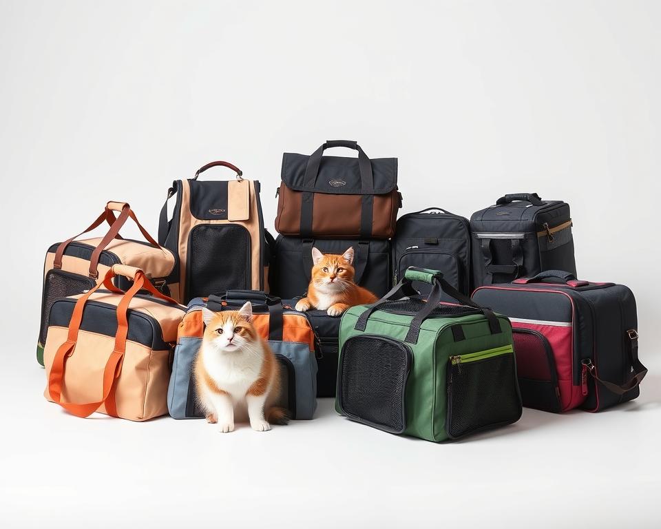 A well-lit studio shot of an assortment of high-quality cat carrier bags in various colors, materials, and designs, arranged on a clean, minimalist background. The bags should showcase features like sturdy handles, breathable mesh panels, and secure clasps, conveying a sense of durability and functionality for safe pet travel. The composition should emphasize the variety of options available, with the bags positioned to highlight their practical and stylish attributes. Soft, neutral lighting from multiple angles creates depth and emphasizes the premium craftsmanship of the carriers.