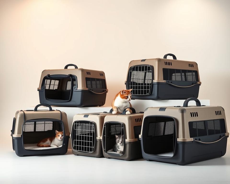A well-lit studio shot of several high-quality cat travel crates arranged in a visually appealing display. The crates are made of durable, lightweight materials with sturdy handles and ventilation panels, featuring innovative designs optimized for cat comfort and ease of use. The crates are positioned against a clean, minimalist backdrop, allowing their features to take center stage. Soft, warm lighting from above accentuates the textures and colors of the crates, creating a premium, upscale aesthetic. The camera angle is slightly elevated, providing a clear, unobstructed view of the various crate models and their unique characteristics.