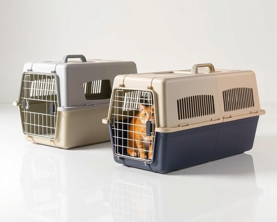 A well-lit, studio-style photograph of a group of large, sturdy cat carriers in a variety of neutral-toned colors like grey, beige, and navy. The carriers should be positioned on a clean, reflective surface that creates a sense of depth and dimension. The carriers should have clearly visible safety features like sturdy metal frames, secure latches, and mesh ventilation panels. The overall composition should convey a sense of quality, durability, and thoughtful design suitable for transporting large cats safely and comfortably.