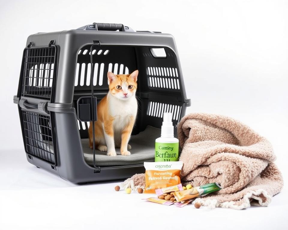 A well-lit, studio-style photograph of the best cat carrier for vet visits. Positioned in the foreground is a sturdy, durable pet carrier made of high-quality materials like reinforced plastic or metal mesh. The carrier has ventilation panels, a secure latch, and comfortable padding for the cat's comfort. In the middle ground, an assortment of accessories like a cozy blanket, calming pheromone spray, and treats are neatly arranged. The background features a clean, white seamless backdrop, creating a professional, minimalist aesthetic. The lighting is soft and diffused, highlighting the carrier's features and creating subtle shadows. The overall mood is one of practicality, safety, and care for the pet's wellbeing during vet visits.