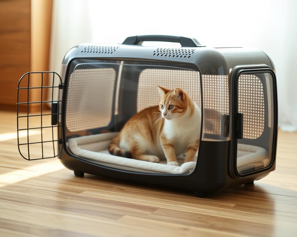 A well-ventilated and transparent cat carrier resting on a hardwood floor, with a soft cushion inside. The carrier is made of sturdy, perforated plastic, allowing for ample airflow. Soft, plush fabric lining the interior creates a cozy, comfortable space for the feline occupant. The front panel is clear acrylic, providing visibility and allowing the cat to observe its surroundings. Gentle lighting from a nearby window casts a warm, natural glow, enhancing the carrier's modern, sleek design. The carrier's overall appearance conveys both functionality and style, catering to the needs of both the cat and its attentive owner.