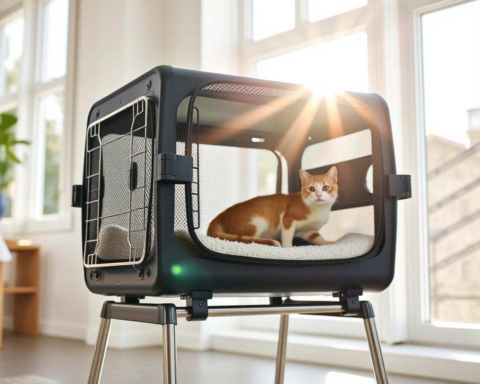 A well-ventilated cat carrier stands in a bright, airy room. The carrier is made of sturdy mesh and has multiple openings to ensure ample airflow. The carrier is elevated on a sleek metal stand, allowing for easy access and visibility. Soft bedding lines the interior, creating a cozy space for a large feline. Sunlight streams in through large windows, casting a warm glow over the scene. The carrier's design prioritizes the cat's comfort and safety, with thoughtful features like secure latches and smooth edges. This versatile carrier would be an ideal choice for transporting a sizable cat to the vet or on long journeys.