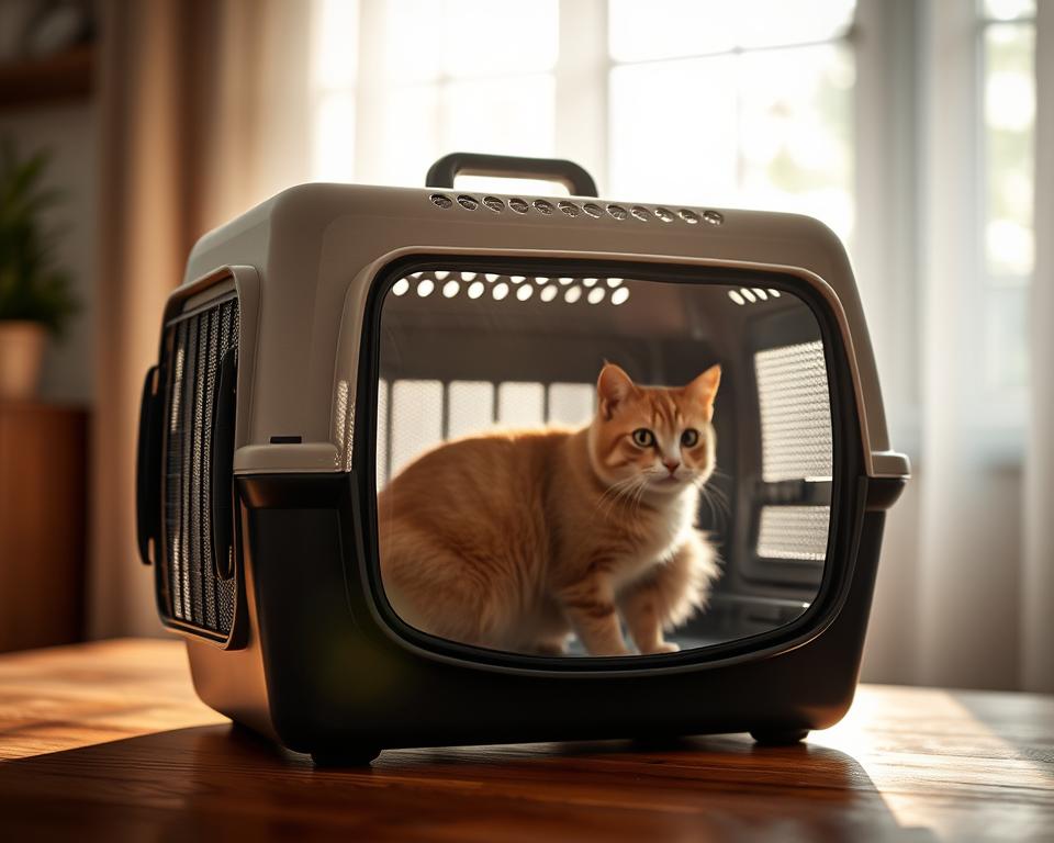 A well-ventilated cat carrier with a transparent front panel, backlit by soft, diffused natural lighting filtering through a window. The carrier is positioned on a wooden surface, its mesh sides and perforated top allowing ample airflow. Subtle reflections on the carrier's surface create depth and dimension. The overall scene has a warm, inviting atmosphere, conveying a sense of safety and comfort for the feline passenger.