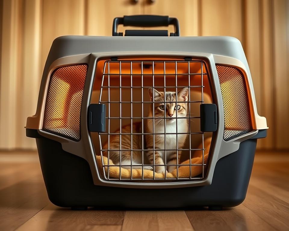 A well-ventilated secure cat carrier with a sleek, modern design. Soft mesh panels allow for ample airflow, while a sturdy plastic frame and metal grill provide structure and protection. The carrier is backlit with warm, gentle lighting, creating a cozy, inviting atmosphere for the feline passenger. Shot from a low angle, highlighting the carrier's thoughtful features - durable handles, secure latch, and subtle branding. The carrier is placed on a hardwood surface, complemented by a natural, earthy color palette. The overall scene conveys a sense of safety, comfort, and attention to the cat's needs during travel.