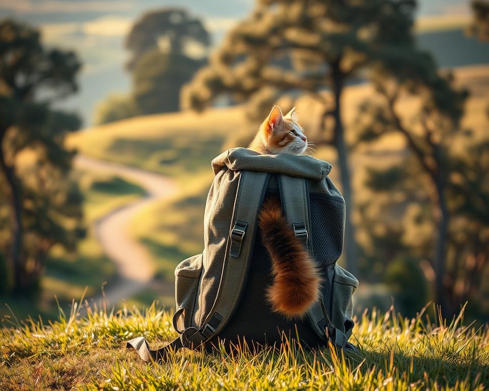 A well-worn, canvas cat travel backpack sits on a grassy knoll, its adjustable straps and mesh panels gleaming in the warm afternoon sunlight. Inside, a curious feline face peers out, tail swishing with excitement as the backpack's owner gazes up at the rolling hills and winding trails of the British countryside. A soft, diffused light filters through the surrounding trees, casting a gentle glow over the scene and evoking a sense of tranquility and adventure. The backpack's design seamlessly blends function and style, making it the perfect companion for exploring the UK's picturesque landscapes with your feline friend.