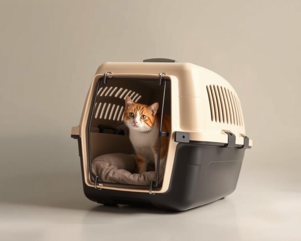 An airline-approved large cat carrier made of durable, lightweight materials, featuring a well-ventilated design, comfortable padded interior, and secure locking mechanisms. The carrier is positioned at a 45-degree angle, allowing a close-up view of its sleek, modern aesthetic. Soft, diffused lighting from the side highlights the carrier's clean lines and subtle textures, creating a sense of warmth and safety. The background is a simple, muted color palette, drawing the viewer's attention to the practical yet stylish details of the carrier.