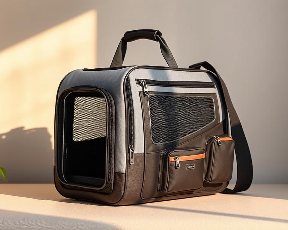 An airline-approved pet carrier made of durable, scratch-resistant material with breathable mesh panels, a sturdy top handle, and a padded shoulder strap for comfortable transport. The carrier sits upright on a flat surface, with a secure front-facing door and a side-loading compartment for storing accessories. Soft gray fabric complements the sleek, modern design, which is illuminated by warm, directional lighting that casts subtle shadows, highlighting the carrier's functional details. The image is captured from a slightly elevated angle, showcasing the carrier's compact size and premium craftsmanship, creating an inviting and aspirational display for the discerning pet owner.